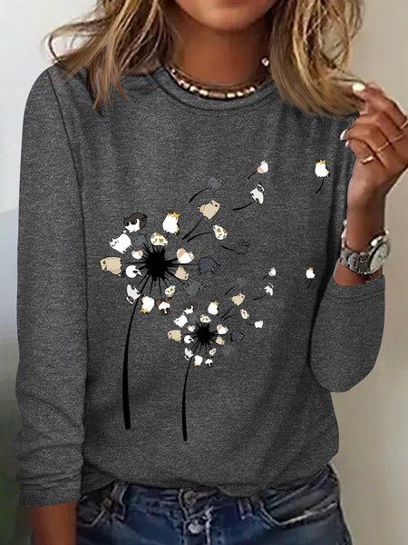 

Women's Dandelion And Cat Print Casual Top, Gray, Long sleeves