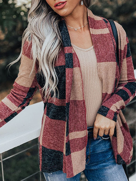 

Casual Plaid Print Long Sleeve Open Front Coat, Red, Outerwear