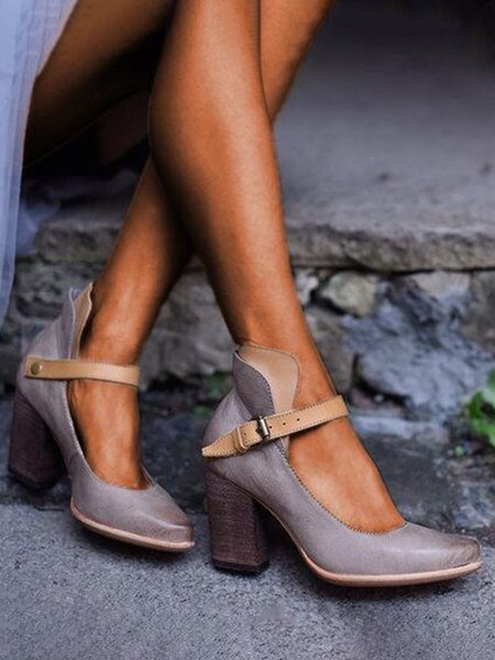 

Vintage Paneled Leather Mary Jane Block Heels, Gray, Heels