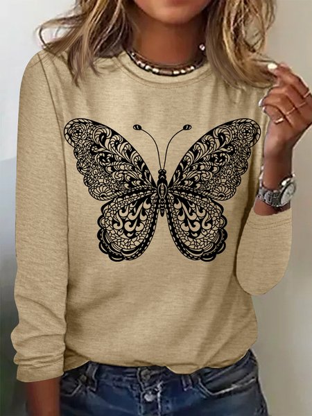 

Women's Butterfly Print Casual Top, Apricot, Long sleeves