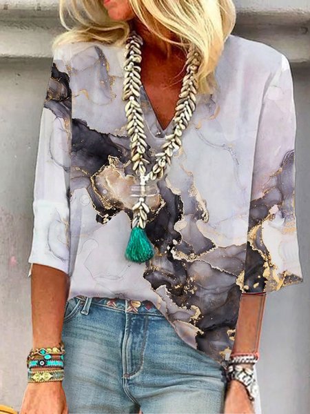 

Crystal Texture V Neck Casual Loose Blouse, Multicolor, Clothing
