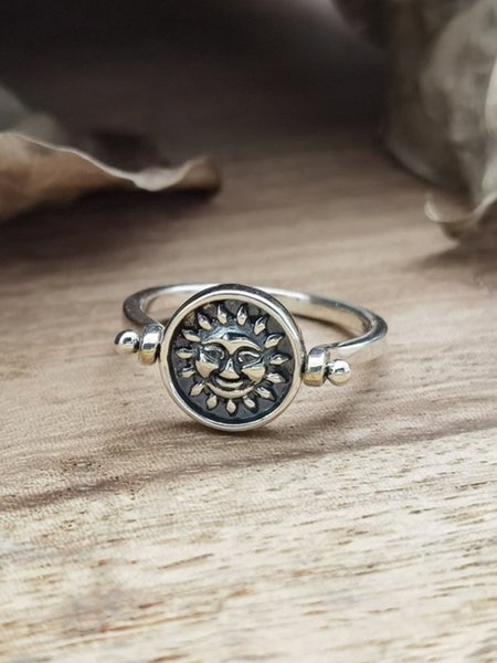 

Turnable Vintage Silver Sun Moon Motif Ring Boho Ethnic Jewelry, Rings