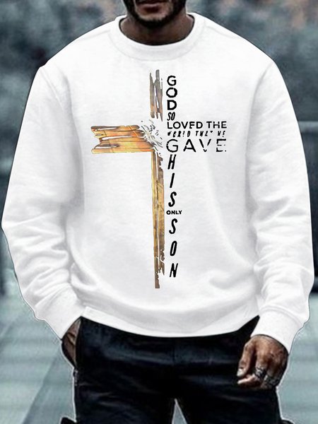 

Men's God Religion Of The Cross Funny Graphic Printing Casual Cotton-Blend Crew Neck Sweatshirt, White, Hoodies&Sweatshirts