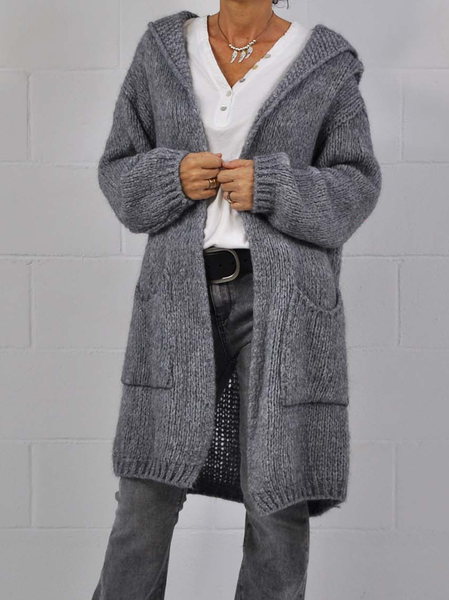 

Others Casual Loose Plain Hooded Sweater Coat, Gray, Outerwear