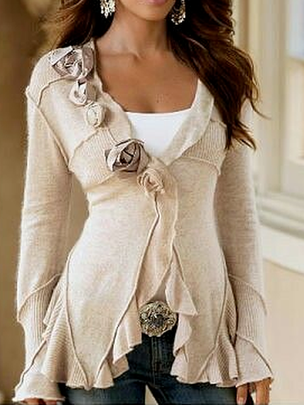 

Yarn/Wool Yarn Casual Loose Sweater Coat, Apricot, Cardigans