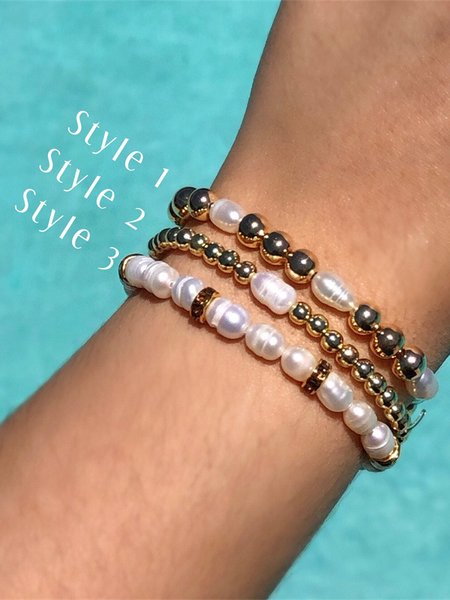 

Boho Gold Pearl Beaded Bracelet Beach Vacation Jewelry, White, Bracelets