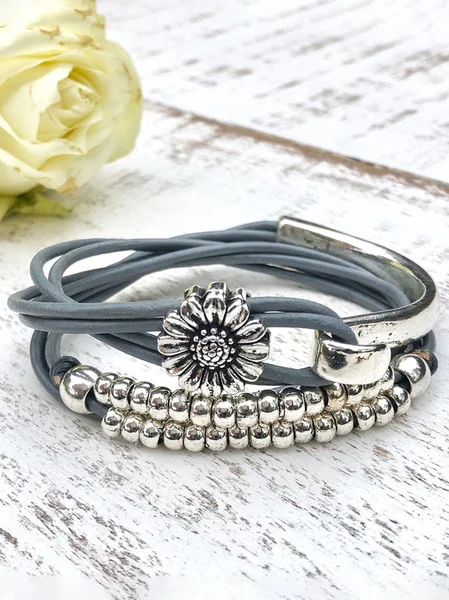 

Boho Silver Floral Pattern Beaded Leather Rope Layered Bracelet Beach Vacation Ethnic Jewelry, Gray, Bracelets & Anklets