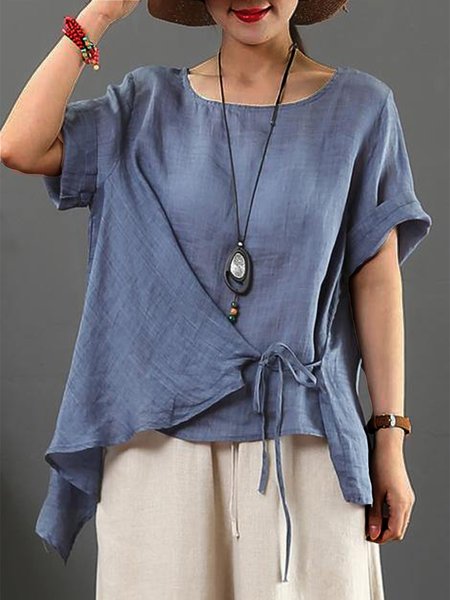

Loose Lace-Up Casual Top, Blue, Tunics