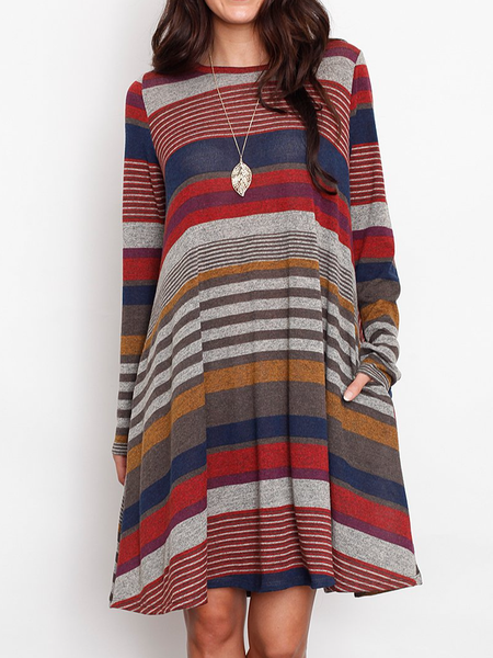 

Casual Striped Crew Neck Loose Dress, Multicolor, Dresses