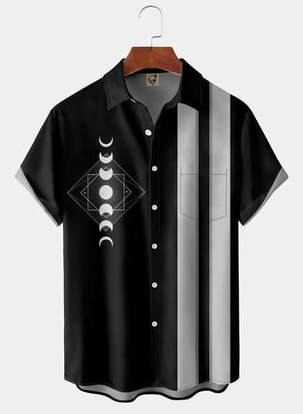 

Moon Chest Pocket Short Sleeve Casual Shirt, Black, Short Sleeve Shirts