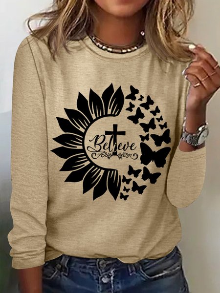 

Women‘s Jesus Sunflower Believe Cotton-Blend Simple Regular Fit Long Sleeve Top, Khaki, Long sleeves