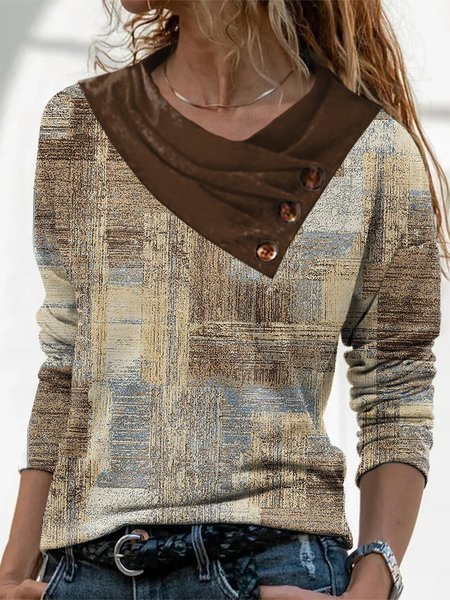 

Casual Cross Neck Buttoned Loose T-Shirt, Multicolor, T-Shirts