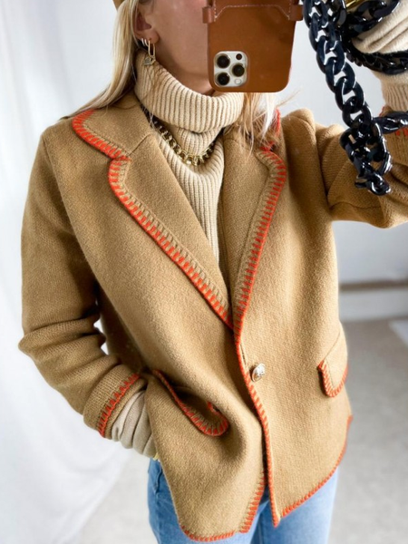 

Casual Lapel Collar Plain Sweater Coat, Khaki, Cardigans