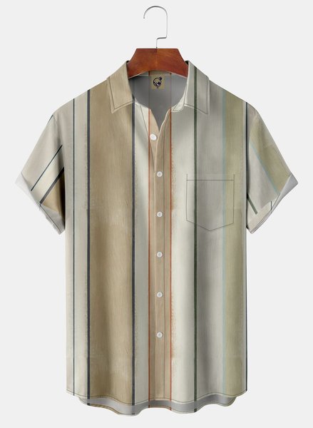 

Wood Grain Chest Pocket Short Sleeve Casual Shirt, Beige, Short Sleeve Shirts