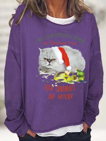 

Women Oh Christmas Tree Your Ornaments Are History Cat Christmas Hat Casual Loose Sweatshirt, Purple, Hoodies&Sweatshirts