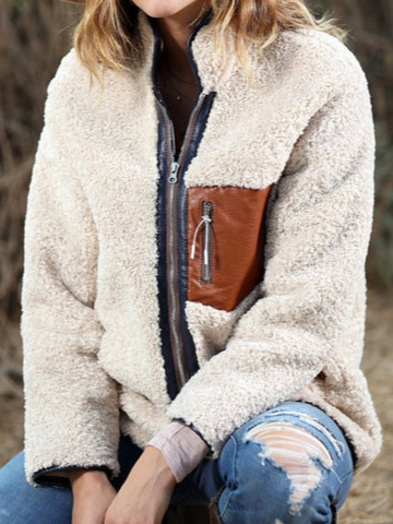

Casual Plain Loose Stand Collar Teddy Jacket, White, Coats