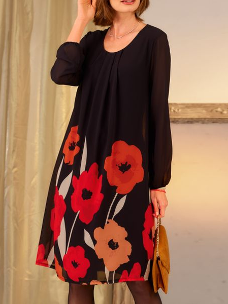 

Floral Loose Casual Crew Neck Dress, Black, Dresses