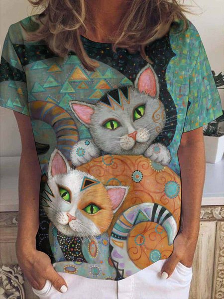 

Women’s Retro Funny Cat Loose Cat Crew Neck Simple T-Shirt, Green, T-shirts