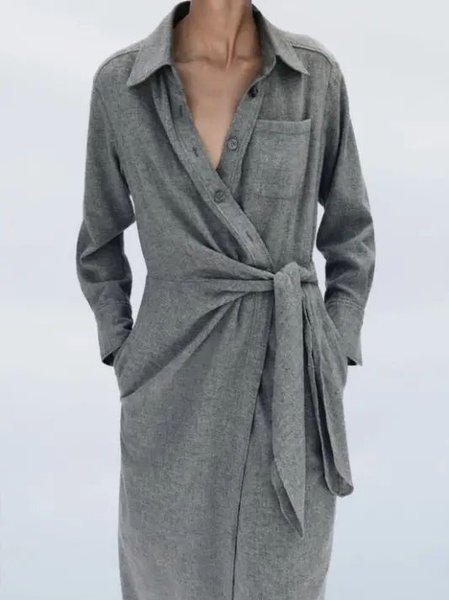 

Shirt Collar Casual Regular Fit Plain Dress, Gray, Clothing