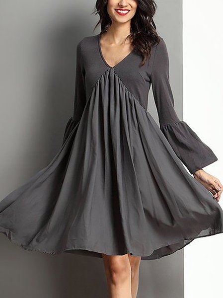 

V Neck Casual Regular Fit Plain Dress, Gray, Dresses