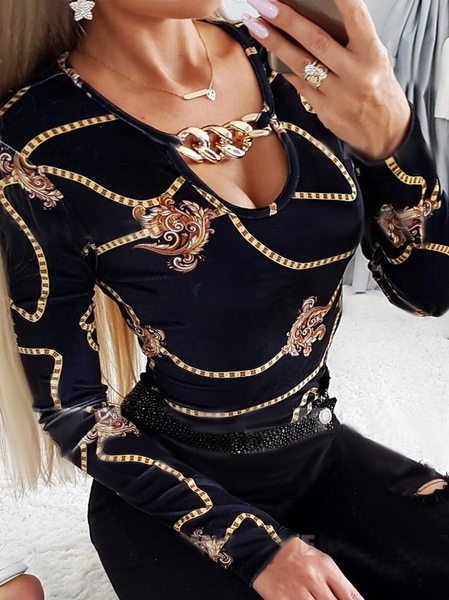 

Urban Scarf Print Chain Decor Long Sleeve Top, Black, Tops