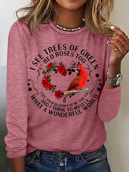 

Women's Red Bird Letter Print Casual Crew Neck Top, Rose red, Long sleeves