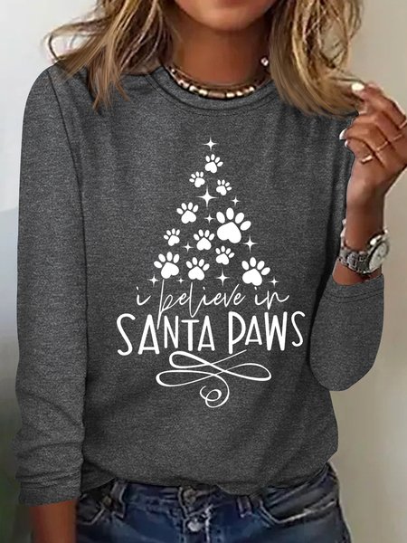 

Women's Christmas Tree Paw Print Letters Top, Gray, Long sleeves