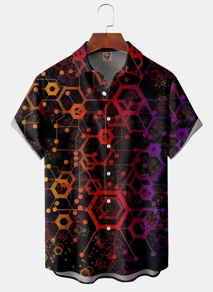 

Hexagon Chest Pocket Short Sleeve Casual Shirt, Red, Short Sleeve Shirts
