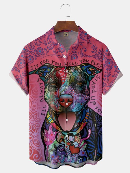 

Dog Illustration Chest Pocket Short Sleeve Casual Shirt, Deep pink, Short Sleeve Shirts