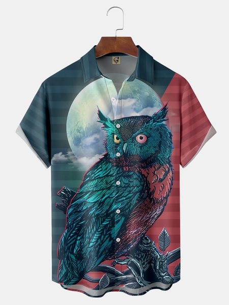 

Owl Chest Pocket Short Sleeve Casual Shirt, Green, Short Sleeve Shirts