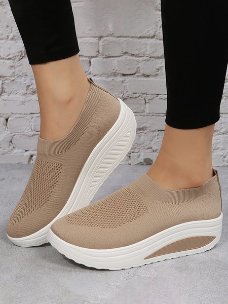 

Breathable Lightweight Soft Sole Flyknit Platform Sneakers, Khaki, Sneakers