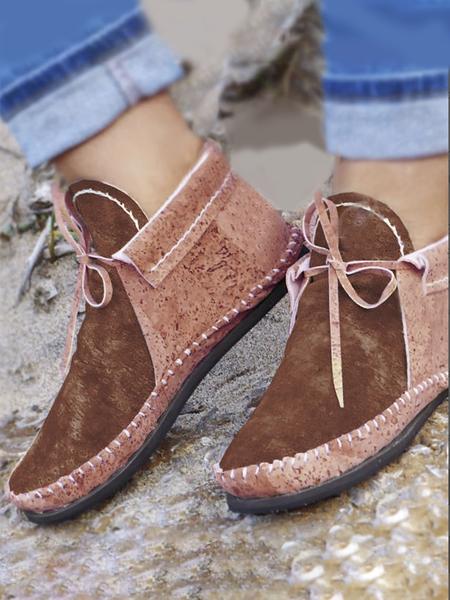 

Vintage Contrast Panel Lace-Up Booties, Red brown, Boots