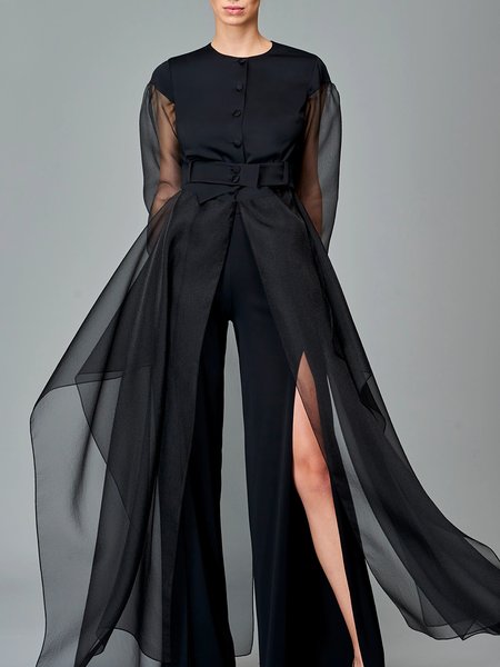 

Elegant Plain Long Sleeve Crew Neck Blouse, Black, Blouses and Shirts