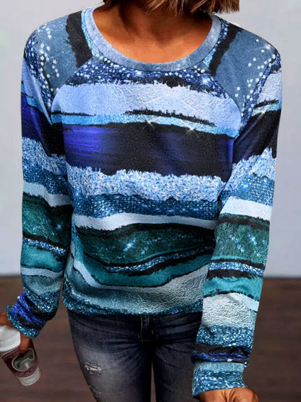 

Striped Casual Crew Neck Loose T-Shirt, Blue, T-Shirts