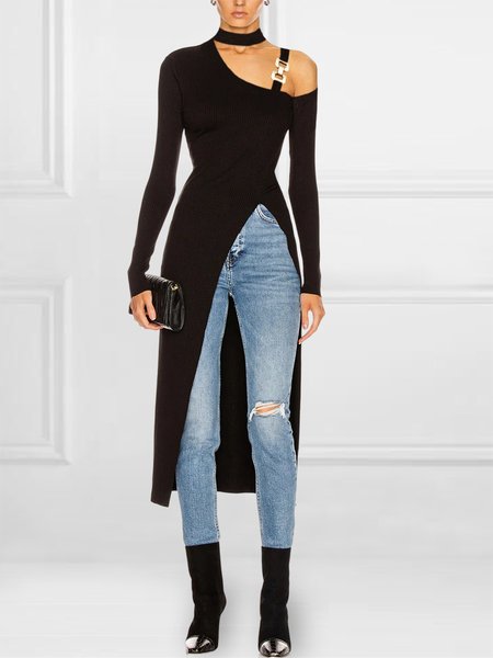 

Urban Asymmetrical Plain Long Sleeve Top, Black, Linen Tops