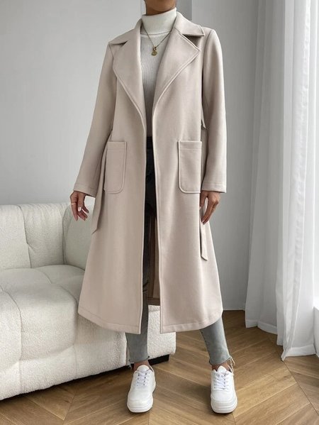 

Lapel Collar Woolen Loose Casual Overcoat, White, Trench Coats