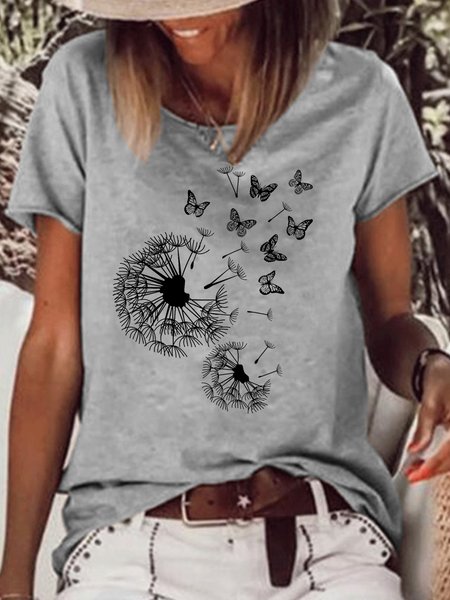 

Women's Dandelion And Butterfly Print Casual Top, Gray, T-shirts