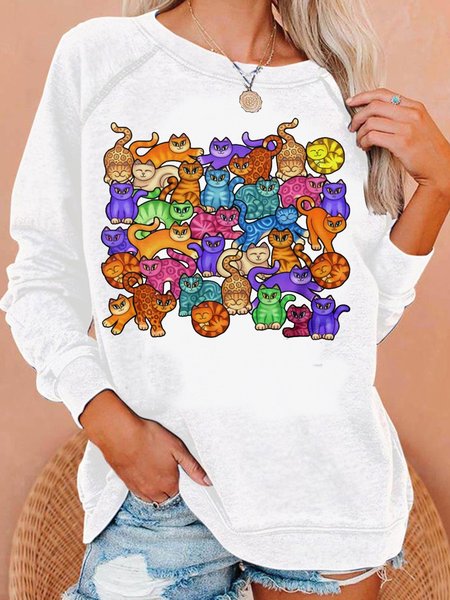 

Women's Cat Lover Print Casual Sweatshirt, White, Hoodies&Sweatshirts