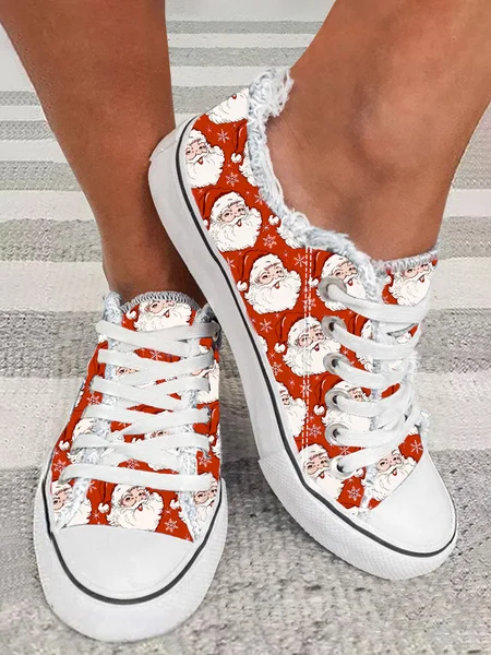 

Christmas Santa Claus Snowflake Lace-Up Canvas Shoes, Red, Sneakers