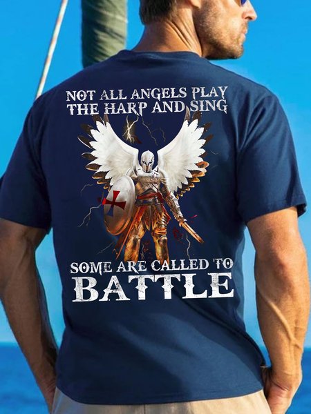 

Men's Not All Angels Play The Harp And Sing Some Are Called To Battle Funny Graphic Printing Cotton Text Letters Casual Crew Neck T-Shirt, Purplish blue, T-shirts