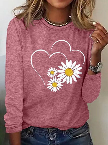 

Women's Heart & Floral Print Crew Neck Casual Top, Rose red, Long sleeves