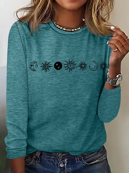 Women's Abstract Sun And Moon Print Casual Top, Green, Long sleeves