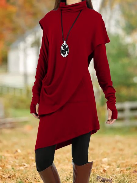 

Long Sleeve Turtleneck Asymmetric Tunic Dress, Red, Dresses