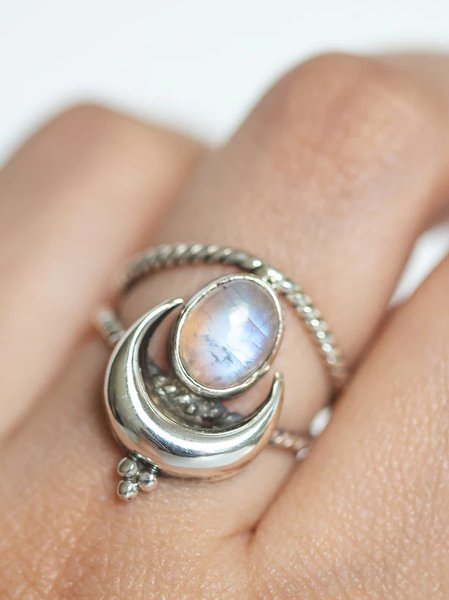 

Boho Vintage Natural Opal Moonstone Ring Beach Vacation Style Ethnic Jewelry, Silver, Rings