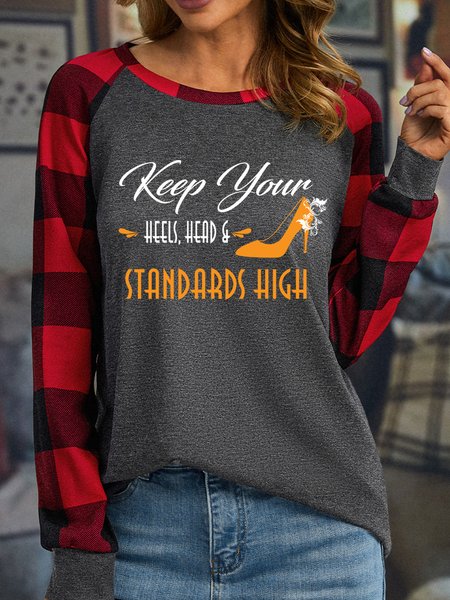 

Lilicloth X Y Keep Your Heels Head Standards High Womens Long Sleeve Buffalo Plaid T-Shirt, Gray, Long sleeves