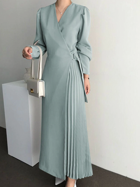

Regular Fit V Neck Long sleeve Elegant Plain Long Dress, Blue, Maxi Dresses