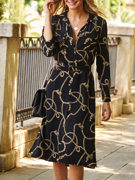 

Chain Striped Casual Crew Neck Loose Dress, Black, Dresses
