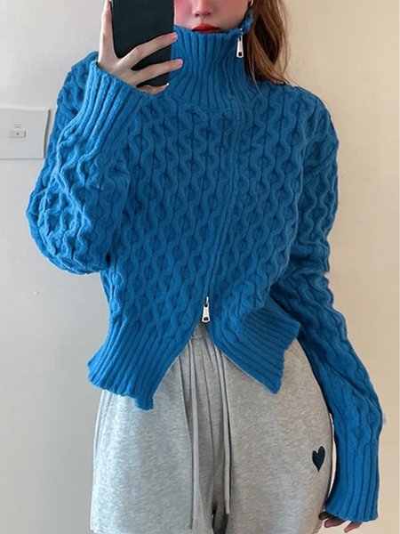 

Loose Urban Turtleneck Plain Sweater Coat, Blue, Cardigans