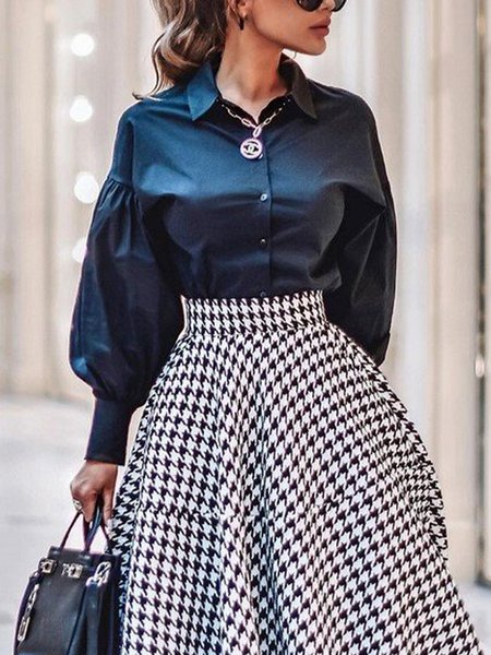 

Loose Elegant Shirt Collar Lantern Sleeve Blouse, Purplish blue, Blouses and Shirts