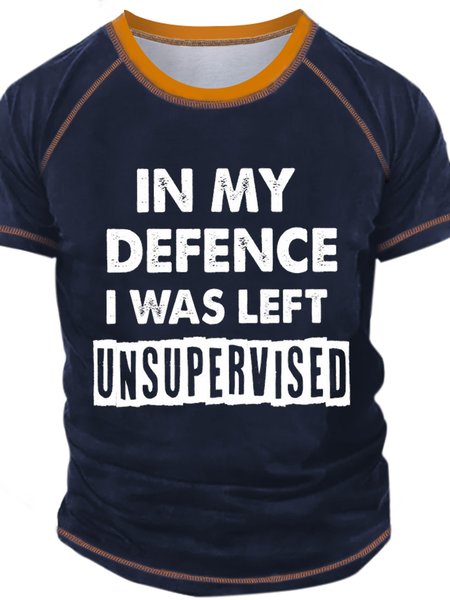 

Men's In My Defence I Was Left Unsupervised Funny Graphic Printing Crew Neck Regular Fit Casual Text Letters T-Shirt, Dark blue, T-shirts